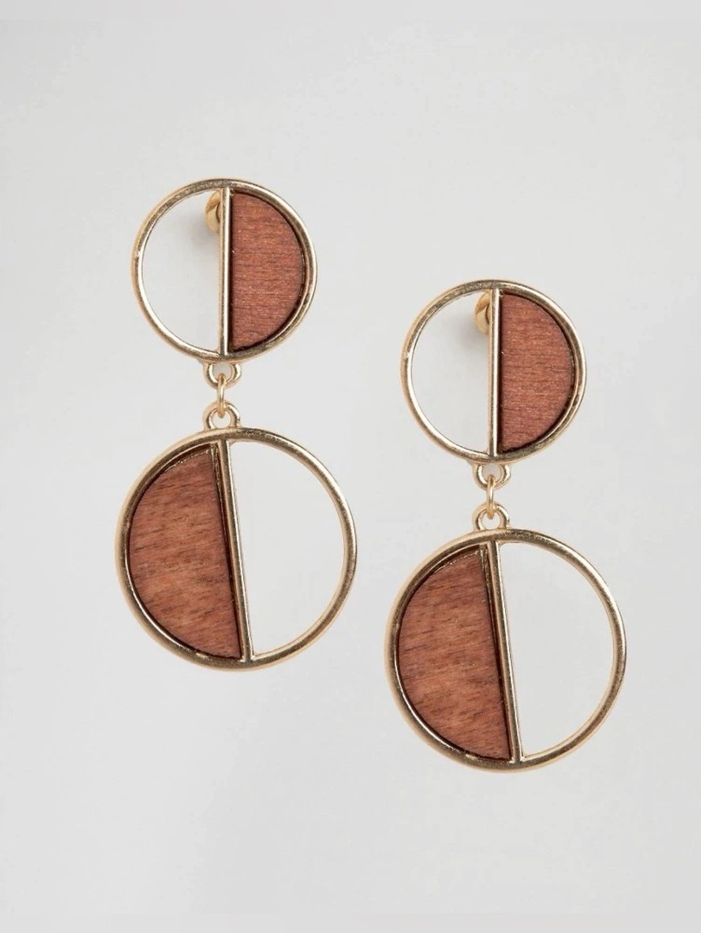 Gold-Tone Wood Inlay Double Circle Drop Earrings - Brown